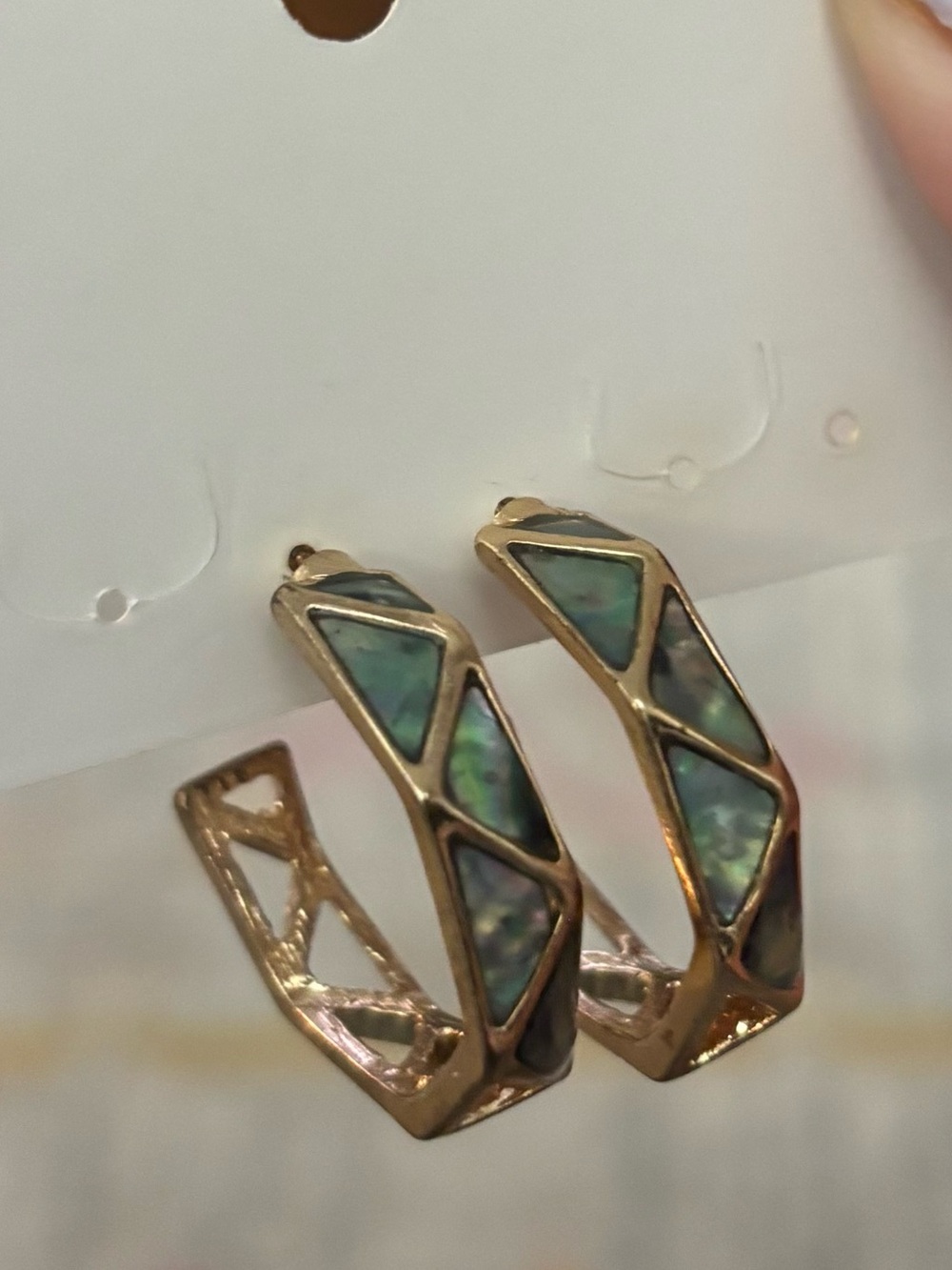 Cost Plus World Market Gold-Tone Hoop Earrings with Green Abalone Inlay
